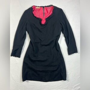 Rare Vintage Retro A Propos Black Wool Mini Dress Lace Trim  Bright Pink Lining
